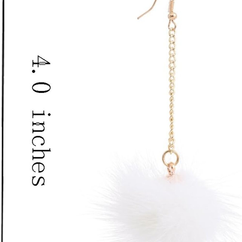 Rabbit Fur Pom pom Drop Earring Gold Chainlink Dangling Earring Ear Drop for Wom - Picture 5 of 5